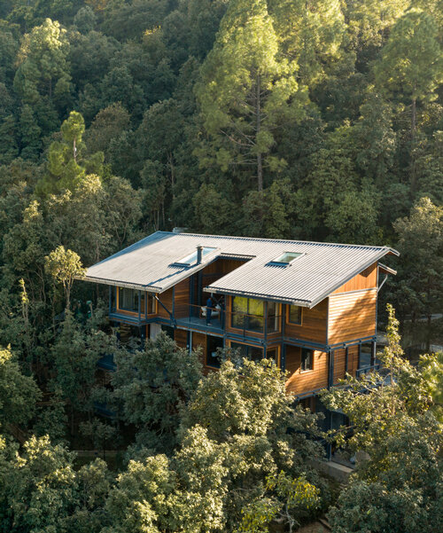 timber villa in the woods by studio lotus floats among himalayan forest