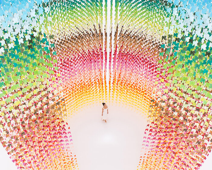 emmanuelle moureaux's colorful installation veils visitors amidst a myriad of butterflies