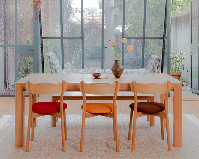 timber furniture collection showcases playful yet sophisticated aesthetic