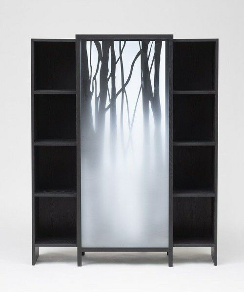 jisu kim's sliding ash wood bookshelf captures the icy chill of a winter forest