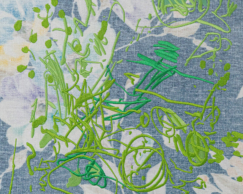 inside artist andrew iacobucci's rome studio and his language-inspired embroidered canvases