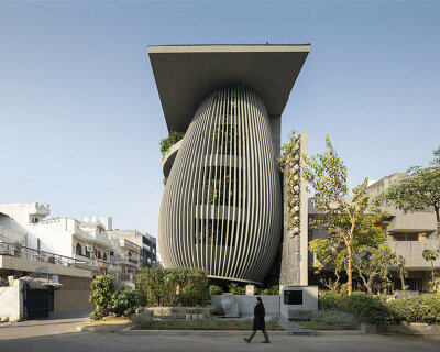 atrey design studio's tilted workspace in india resembles swaying trees