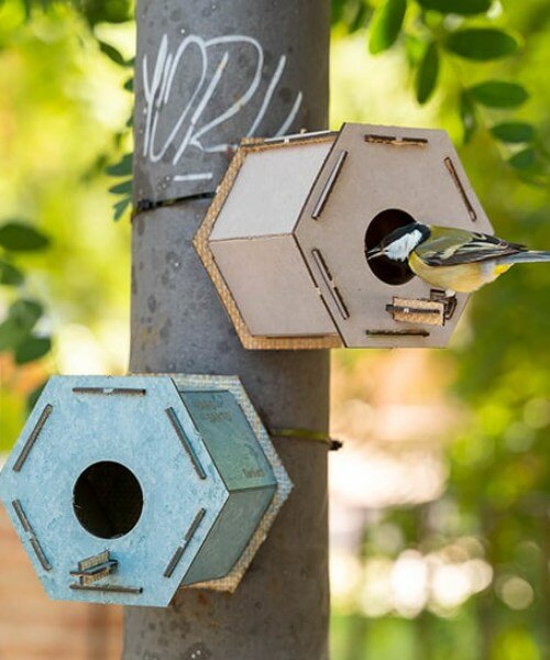 ELVI urban birdhouse game playfully gives second life to used linoleum