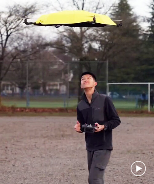 flying umbrella follows people wherever they go to protect them from getting wet in the rain