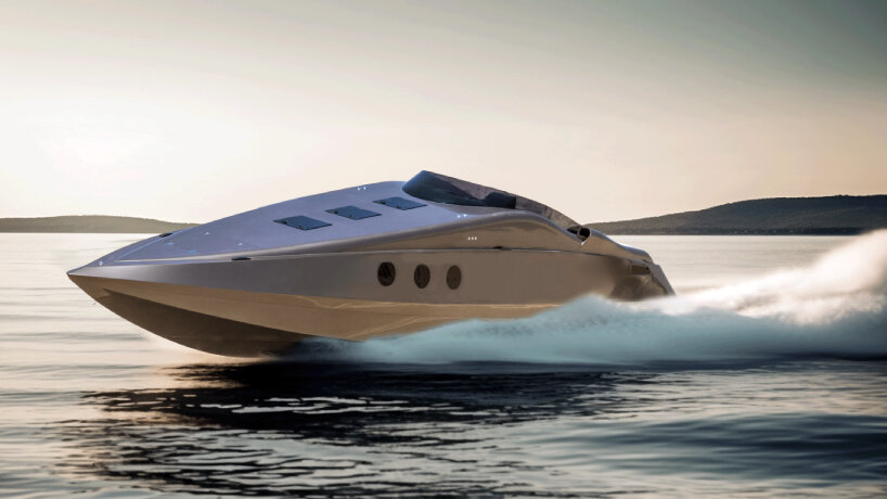 mayla's all carbon-fiber superboat GT torpedoes in the sea with an  ultra-pointed monohull