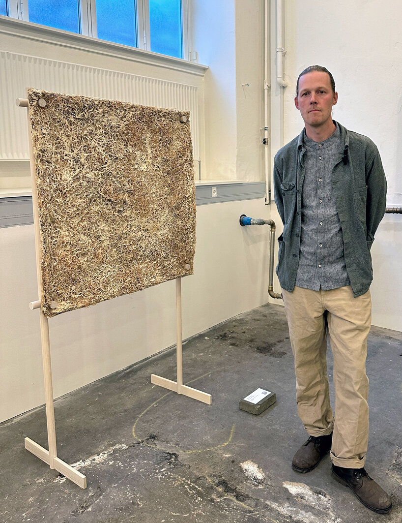 jonas edvard crafts sound-absorbing panel from mushroom mycelium, hemp, and willow