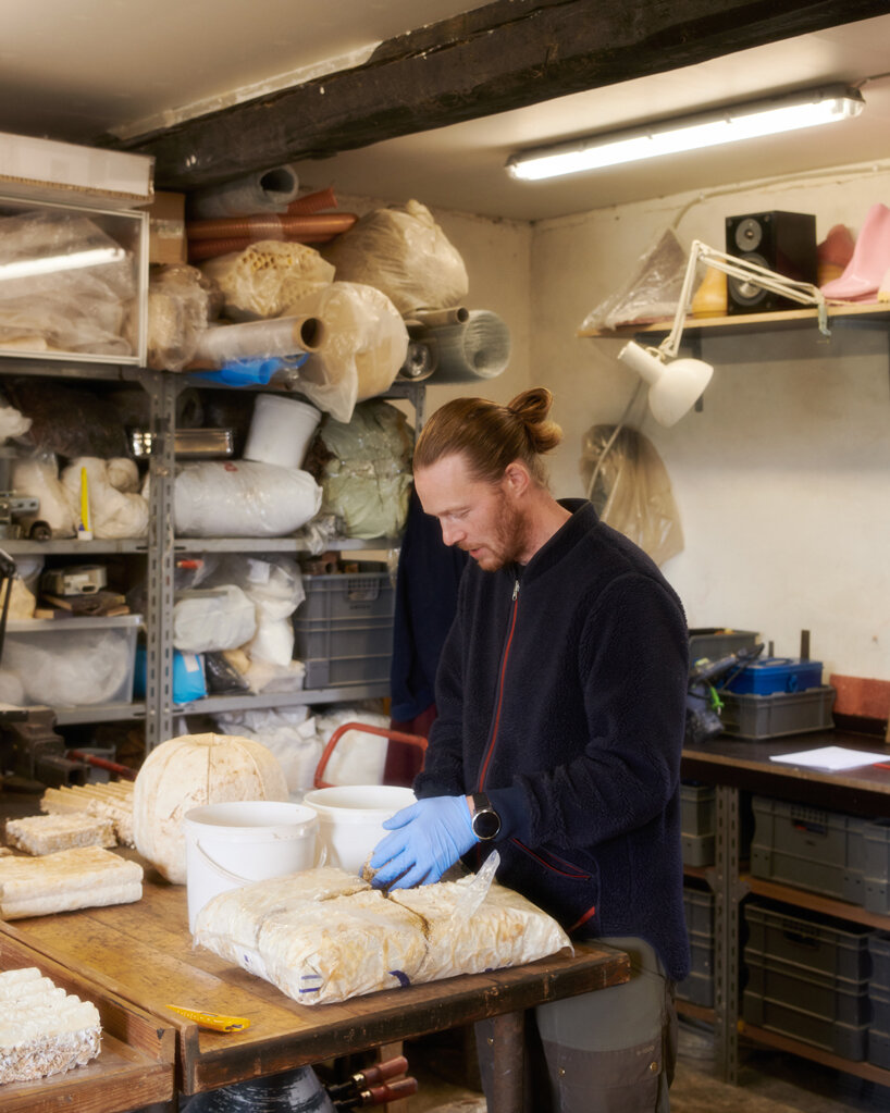 jonas edvard crafts sound-absorbing panel from mushroom mycelium, hemp, and willow