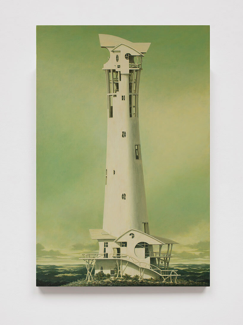 minoru nomata's floating fortress paintings evoke retro-futuristic memories at white cube