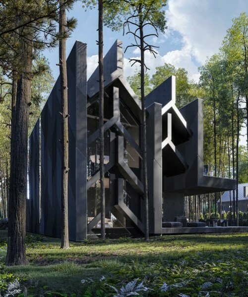 pine tree-cloaked villa in poland nods to geometric forms of lamborghini aventador SVJ