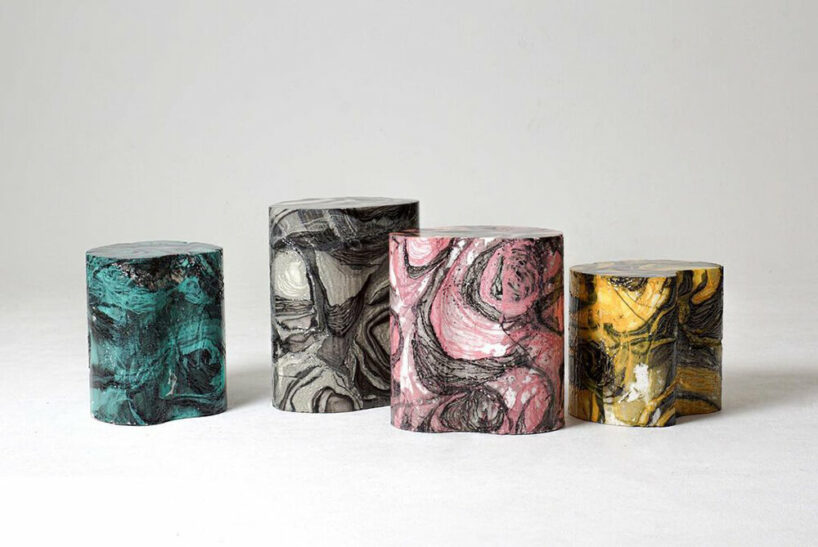 jiwon jung shapes patterned styrofoam stools using lacquer spray and water transfer