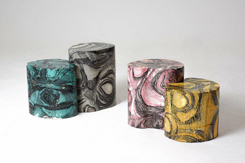 jiwon jung shapes patterned styrofoam stools using lacquer spray and water transfer