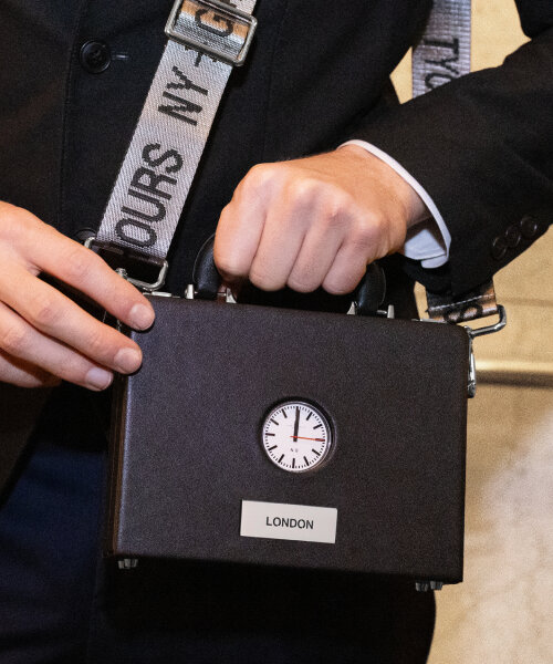 nik bentel puts anicorn’s watch on a mini sling briefcase so travelers always know the time