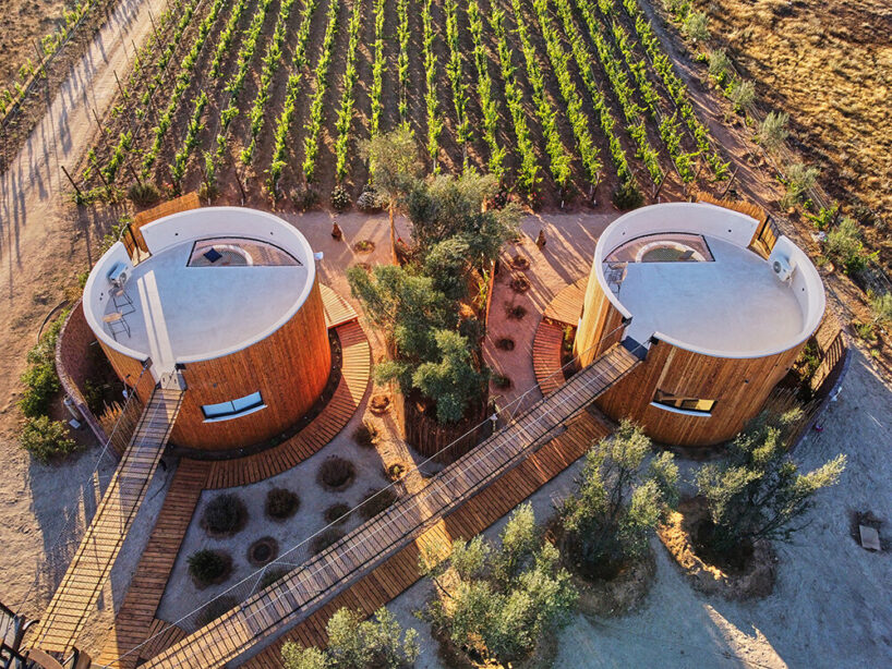 terraces and hanging bridges connect the zeuhary cabins in a mexican vineyard