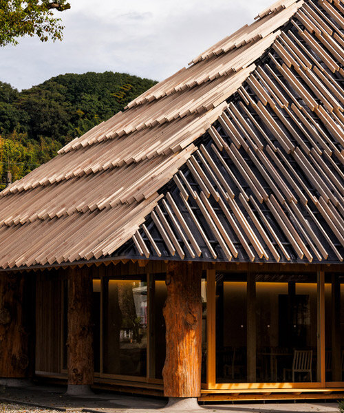 kengo kuma's timber louvers echo thatched roof of aoi aso shrine