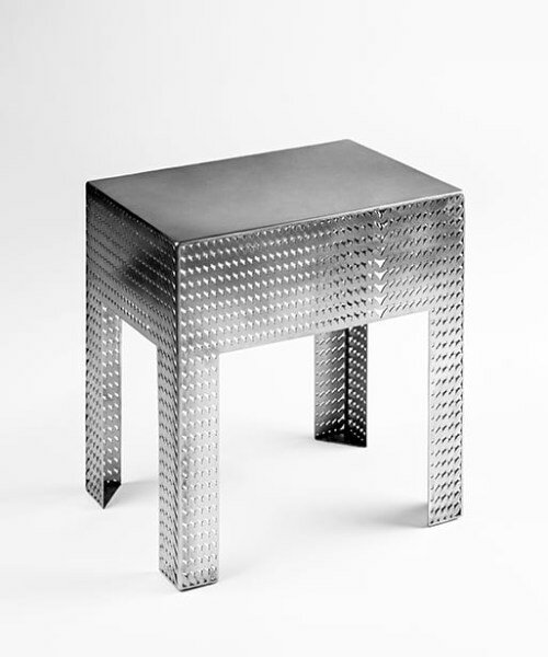 seo chung kyo punctuates steel stools with intricate engravings evoking woven fabric