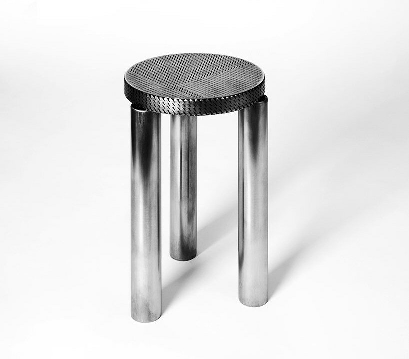 seo chung kyo punctuates steel stools with intricate engravings evoking woven fabric