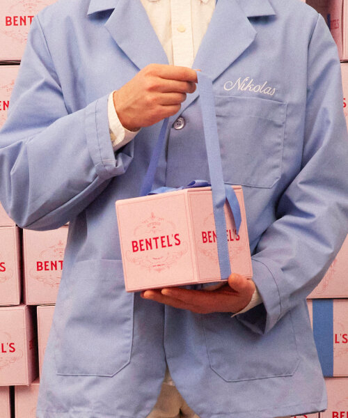 nik bentel turns wes anderson's pastry box from grand budapest hotel into pink leather bag