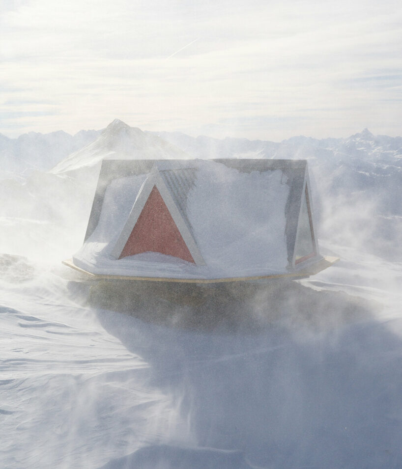 pinwheel shelter emerges as a foldable wooden and aluminum tent on a remote alpine slope
