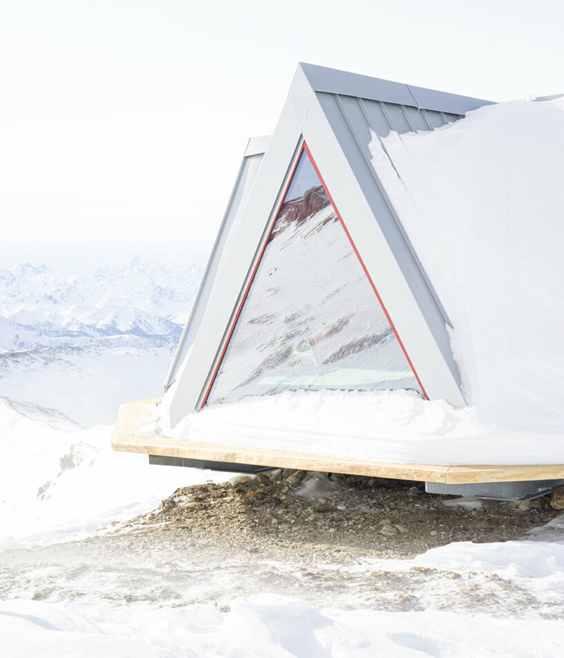 pinwheel shelter emerges as a foldable wooden and aluminum tent on a remote alpine slope