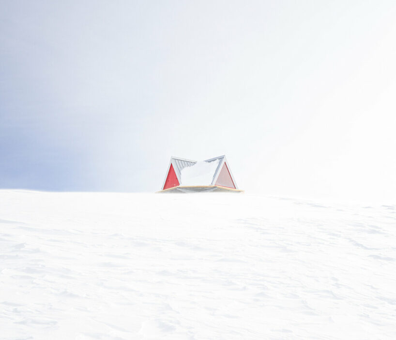 pinwheel shelter emerges as a foldable wooden and aluminum tent on a remote alpine slope