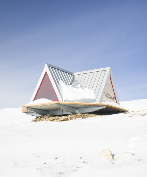 pinwheel shelter emerges as a foldable wooden and aluminum tent on a remote alpine slope
