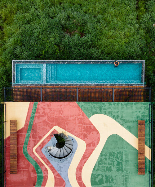 fb+mp arquitetos applies colorful tiling to tune house's elongated swimming pool in brazil