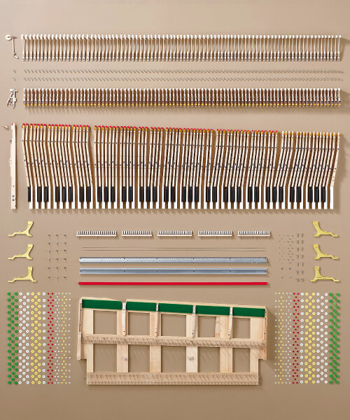 yamaha lines up and photographs the 8,000 parts that make up concert grand piano CFX