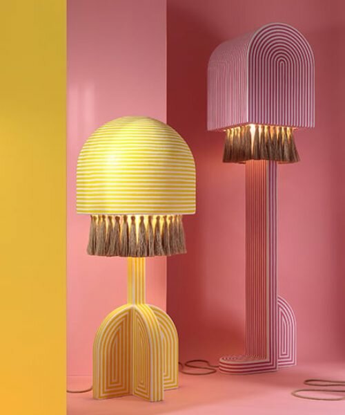 richard yasmine's lamps intertwine sleek architectural lines with organic jute textures