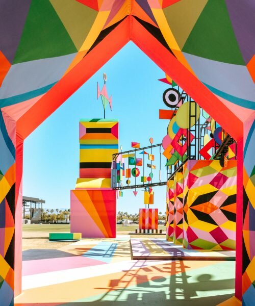 morag myerscough's kinetic installation enlivens coachella desert with a kaleidoscopic plaza