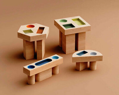 a symphony of geometric shapes sprawls across designated side table's wooden form