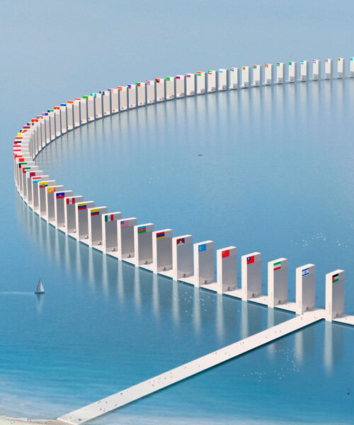 conceptual ring platform floating near gaza sets up a domino of all countries' pavilions