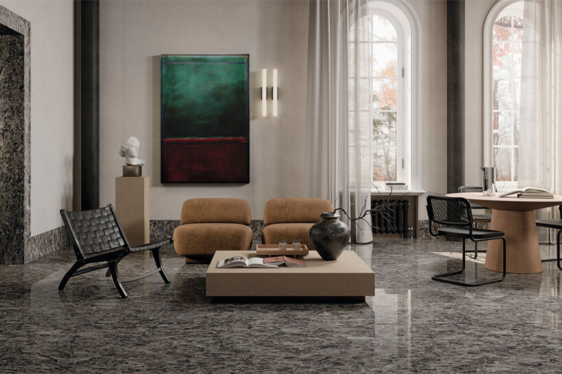 Las superficies arquitectónicas de Fiandre recrean el brillo de la piedra lunar, con el mayor contenido de selenita.