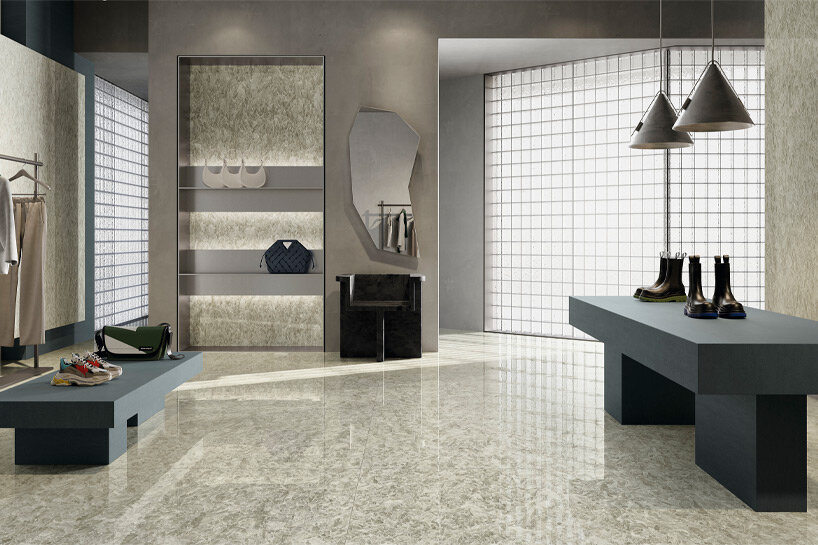 Las superficies arquitectónicas de Fiandre recrean el brillo de la piedra lunar, con el mayor contenido de selenita.