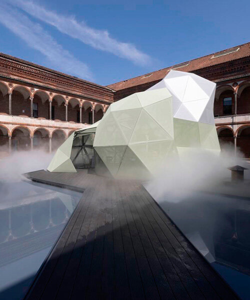 perforated metalized membrane coats MAD's amazing walk triangular installation in milan