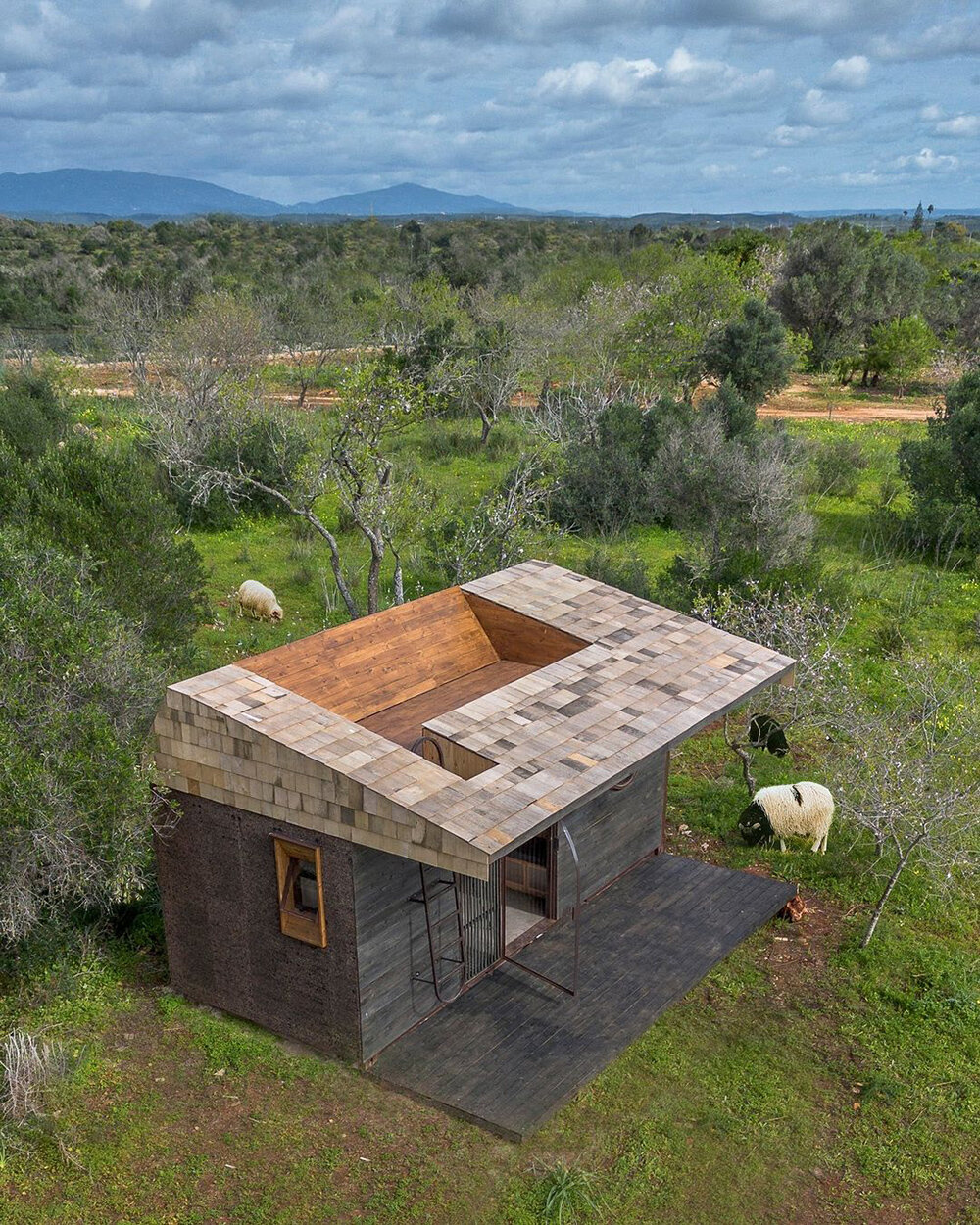 madeiguincho repurposes cargo container as tiny house with sunken roof terrace