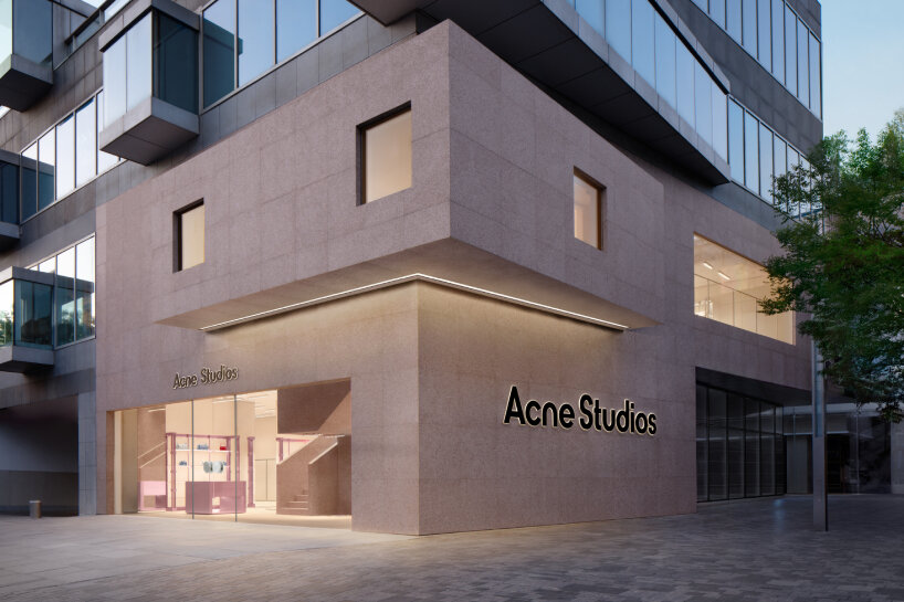 Granit merah muda menyala khas Acne Studios menyelimuti toko utama Sanlitun di Beijing