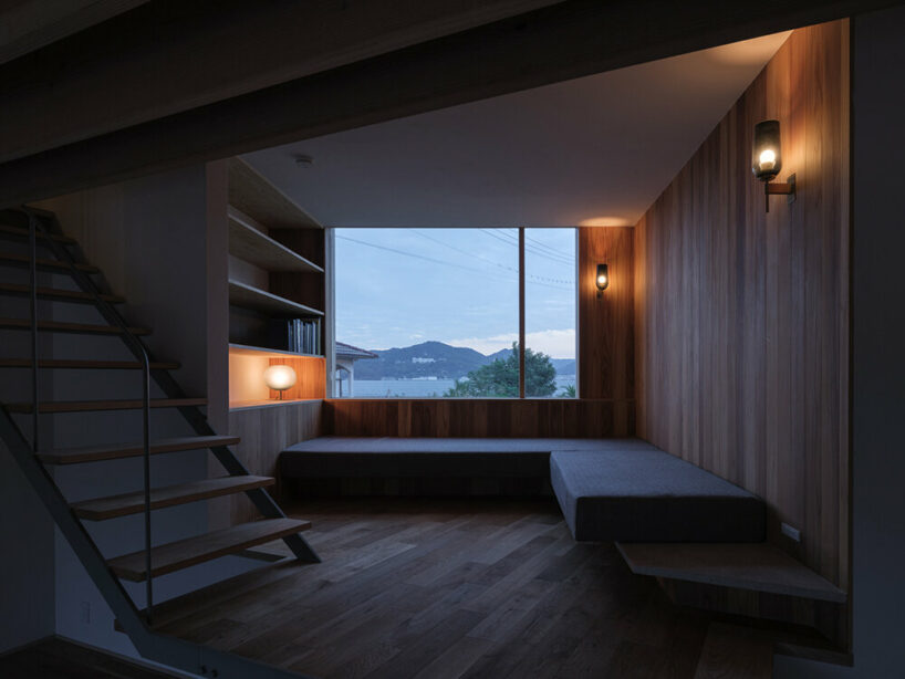 a viewing room playfully protrudes from tetra works' rental villa in hiroshima