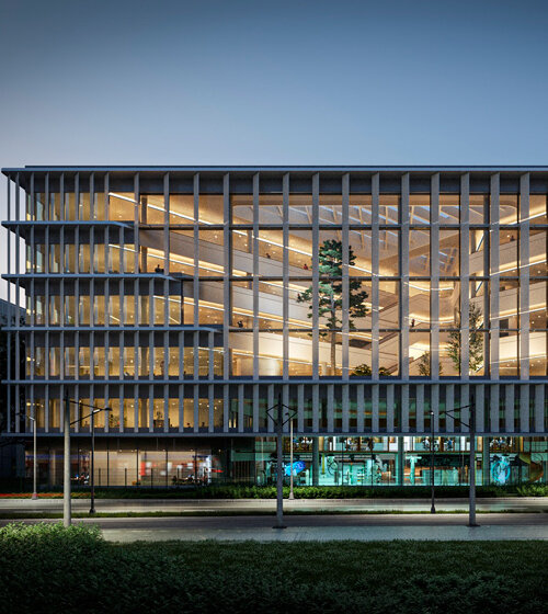 deep atria carve life science advanced research center's cubic form by HENN in germany