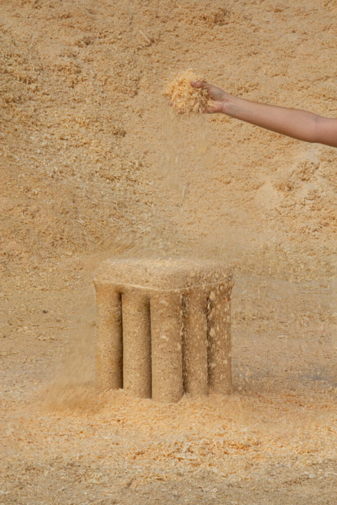 this is briket, a recyclable stool made entirely from potatoes and sawdust