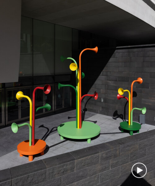 yuri suzuki’s colorful horn-shaped speakers play ambient city sounds at san francisco MOMA