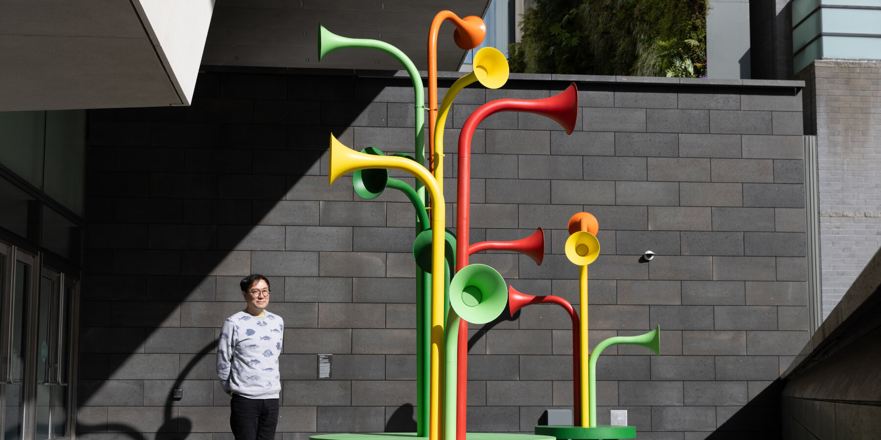 yuri suzuki's colorful horn-shaped speakers play ambient city 
