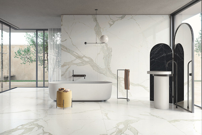 ariostea’s technical ceramic surfaces bring out white depths of rare italian marble varieties