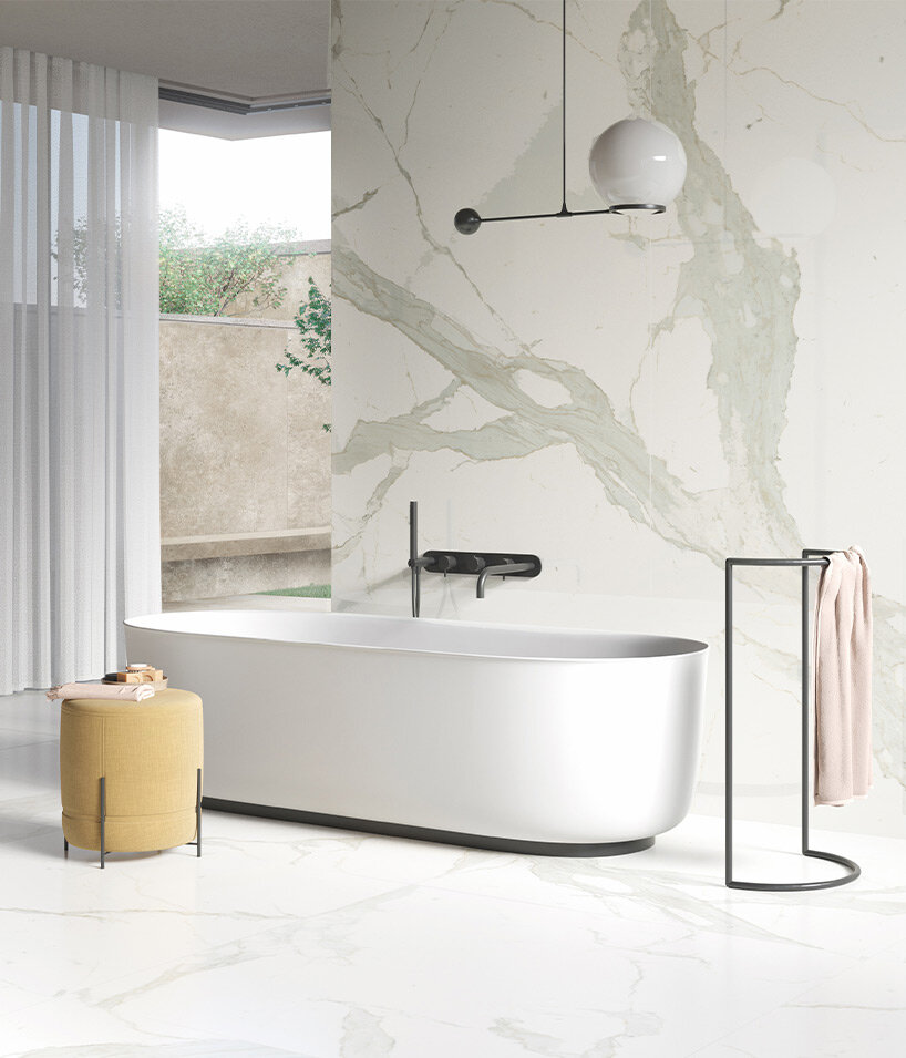 ariostea’s technical ceramic surfaces bring out white depths of rare italian marble varieties