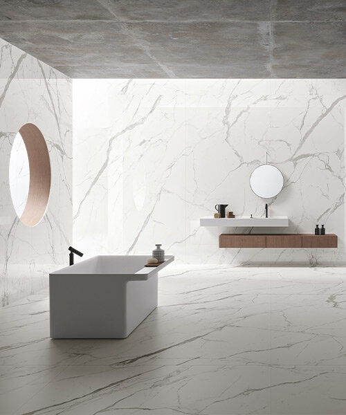 ariostea’s technical ceramic surfaces bring out white depths of rare italian marble varieties