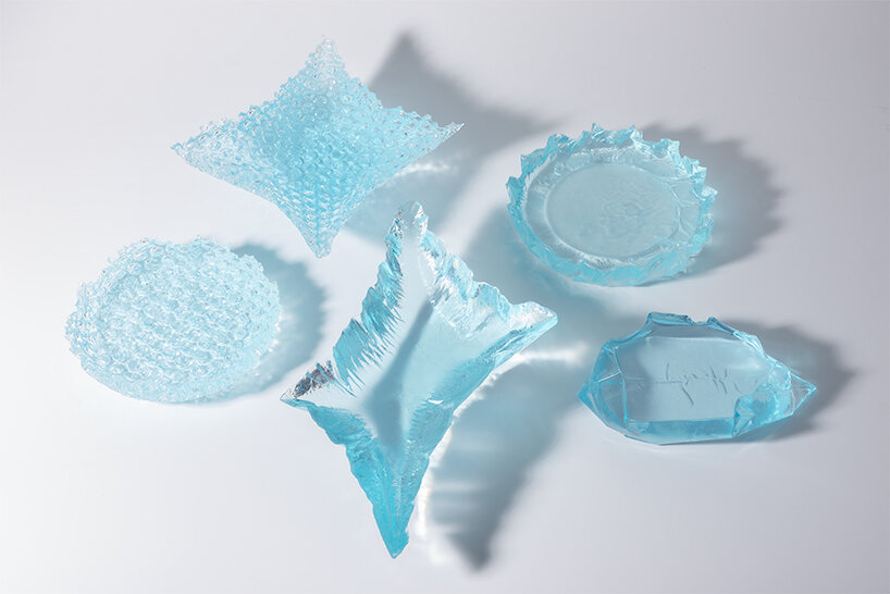 discarded plastic bags become molds for iceberg-shaped transparent objects by egosystem