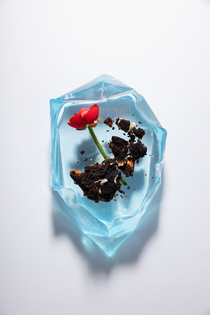 discarded plastic bags become molds for iceberg-shaped transparent objects by egosystem