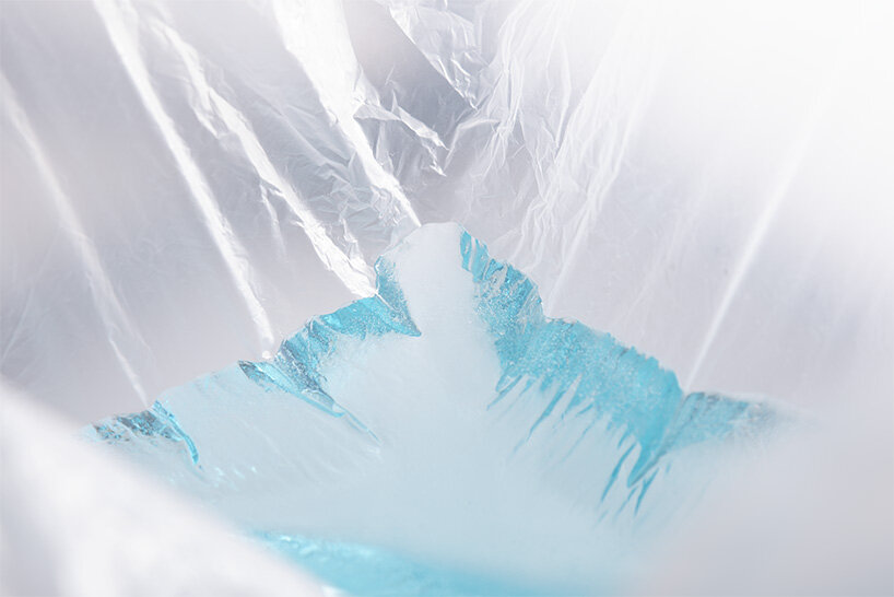 discarded plastic bags become molds for iceberg-shaped transparent objects by egosystem