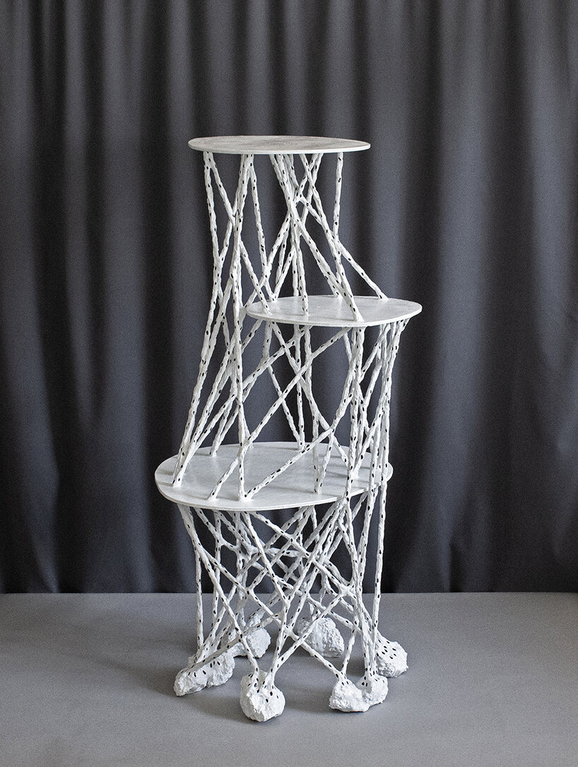 dotted twining geometries by taeg nishimoto form clay-covered furniture