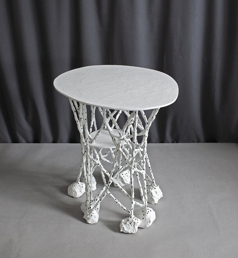 dotted twining geometries by taeg nishimoto form clay-covered furniture