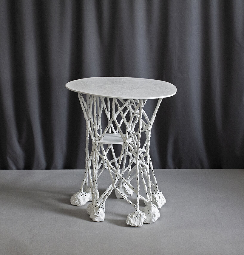 dotted twining geometries by taeg nishimoto form clay-covered furniture